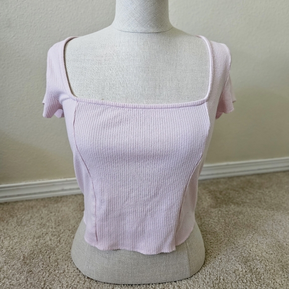 UO Urban Outfitters Orla Square Neck Short Sleeve Top Pink M - Picture 1 of 9